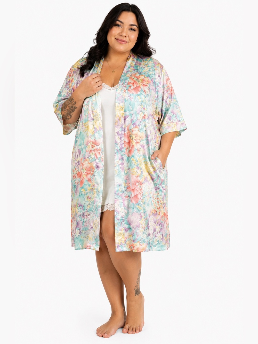 70s/80s American Vintage Pastel Floral Satin Robe Duster (Multicolor) Size L–1X